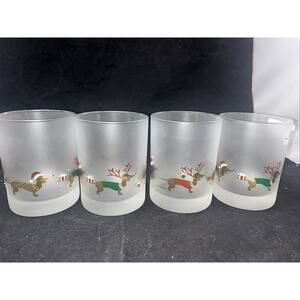 Set Of 4 Culver Ltd Frosted Lowball Glasses Dachshund Holiday Christmas